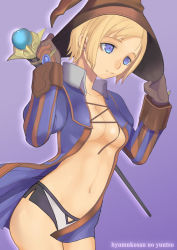 Rule 34 | 00s, 1girl, black mage (final fantasy), blonde hair, breasts, brown gloves, cross-laced clothes, female focus, final fantasy, final fantasy xi, gen (susono01), gloves, gradient background, hat, hume, purple background, purple eyes, revealing clothes, robina, short hair, simple background, solo, staff, standing, underboob, wand, witch hat