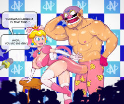 Rule 34 | 1boy, 1girl, animal ears, ass, blonde hair, blue eyes, blush, body blush, breasts, breasts out, cat ears, cat peach, cat tail, crowd, crown, earrings, facial hair, hetero, huge breasts, jewelry, mario (series), muscular, mustache, nintendo, nipples, penis, penis awe, princess peach, public indecency, pussy, pussy juice, rhythm tengoku, shiny skin, size difference, smile, super mario 3d world, sweat, tail, thick lips, thighhighs, turk128, wario, warioware, wet, wrestling outfit