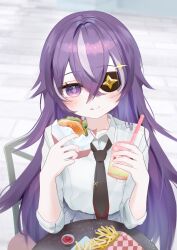 Rule 34 | 1girl, absurdres, black necktie, burger, chevreuse (genshin impact), collared shirt, crossed bangs, cup, dress shirt, drink, drinking straw, eating, elbows on table, eyepatch, fast food, food, food on face, french fries, genshin impact, highres, holding, holding cup, holding food, ketchup, long hair, necktie, purple eyes, purple hair, ririnngo 7, shirt, sleeves rolled up, smile, solo, table, white shirt
