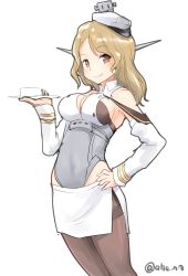 Rule 34 | 1girl, ahenn, black pantyhose, blonde hair, breasts, brown eyes, cleavage, commentary request, corset, food, hat, headgear, houston (kancolle), kantai collection, long hair, medium breasts, pantyhose, peaked cap, pencil skirt, sandwich, simple background, skirt, smile, solo, thighband pantyhose, twitter username, white background, white hat, white skirt