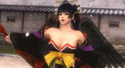 Rule 34 | 1girl, 3d, animated, animated gif, bare shoulders, black hair, black wings, breasts, dead or alive, dead or alive 5, goth fashion, japanese clothes, kimono, large breasts, licking lips, lowres, nyotengu, purple eyes, smile, solo, tecmo, tongue, tongue out, wings