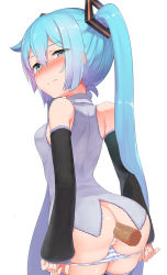 Rule 34 | 1girl, abmayo, anal, aqua eyes, aqua hair, ass, bare shoulders, black sleeves, black thighhighs, blush, breasts, cleft of venus, closed mouth, cowboy shot, detached sleeves, disembodied penis, from behind, hair between eyes, hair ornament, hatsune miku, hetero, long hair, long sleeves, looking at viewer, looking back, nose blush, panties, panty pull, penis, pulling own clothes, pussy, pussy peek, sex, shirt, simple background, sleeveless, sleeveless shirt, small breasts, solo focus, standing, standing sex, striped clothes, striped panties, thighhighs, twintails, underwear, very long hair, vocaloid, white background