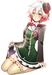 Rule 34 | 1girl, blush, braid, brooch, chain, clothes lift, colored tips, flower, frills, full body, gradient hair, green skirt, hair flower, hair ornament, hat, jewelry, multicolored hair, official alternate costume, ootani mikoto, pascal (tales), red flower, red hair, red rose, rose, short hair, skirt, skirt lift, solo, tales of (series), tales of graces, thighhighs, top hat, twin braids, white hair, yellow eyes