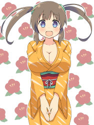 Rule 34 | 10s, 1girl, belt, blue eyes, breasts, brown hair, cleavage, fang, female focus, highres, japanese clothes, kimono, ktkn, large breasts, long hair, long twintails, looking at viewer, minori (senran kagura), open mouth, senran kagura, simple background, solo, standing, twintails, yukata