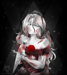 Rule 34 | 1girl, artist name, bare shoulders, blood, bloody knife, closed mouth, combat knife, crying, crying with eyes open, dagger, dress, flower, greyscale, highres, holding, holding dagger, holding knife, holding weapon, knife, long hair, looking up, monochrome, overgrown, plant, princess (slay the princess), red flower, scratches, simple background, slay the princess, solo, streaming tears, tears, the thorn (slay the princess), thorns, vampisabells, vines, weapon