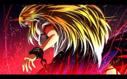 Rule 34 | 1girl, bad id, bad pixiv id, blonde hair, blouse, breasts, chain, cuffs, female focus, from behind, gradient background, highres, horns, hoshiguma yuugi, letterboxed, light particles, light trail, long hair, nekominase, red background, red eyes, shackles, shirt, single horn, skirt, solo, touhou, very long hair