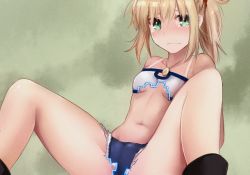 Rule 34 | 10s, 1girl, ankle boots, bandeau, blonde hair, blush, boots, breasts, crying, crying with eyes open, cutoffs, denim, denim shorts, digital dissolve, dissolving clothes, fate/apocrypha, fate/extra, fate (series), green eyes, jewelry, long hair, looking at viewer, midriff, mordred (fate), mordred (fate/apocrypha), mordred (memories at trifas) (fate), navel, necklace, ponytail, scrunchie, short shorts, shorts, small breasts, solo, spread legs, strapless, tears, tube top, tusia, underboob