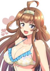 Rule 34 | 1girl, ahoge, bare arms, bare shoulders, bikini, blush, breasts, brown hair, cleavage, collarbone, double bun, hair bun, heart, kantai collection, kongou (kancolle), large breasts, long hair, open mouth, purple eyes, shigure ryuunosuke, simple background, smile, solo, swimsuit, upper body, white background