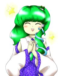 Rule 34 | 1girl, :d, ^ ^, blue hairband, closed eyes, detached sleeves, frog hair ornament, green hair, hair ornament, hairband, hands up, kochiya sanae, long hair, long sleeves, nonamejd, official style, open mouth, own hands together, shirt, smile, snake hair ornament, solo, star (symbol), teeth, touhou, upper teeth only, white shirt, white sleeves, zun (style)