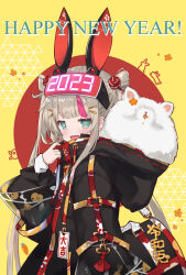 Rule 34 | 1girl, 2023, ahase hino, angora rabbit, animal, animal ears, animal in clothes, blue eyes, blush, charm (object), chinese zodiac, collar tug, fake animal ears, fang, grey hair, hair ornament, hair rings, hairclip, happy new year, head-mounted display, high collar, highres, hood, hood basket, hoodie, jitome, layered sleeves, long hair, multicolored hair, new year, open mouth, original, pink hair, rabbit, rabbit ears, see-through, see-through sleeves, smile, solo, streaked hair, translation request, twintails, two-tone hair, very long hair, year of the rabbit