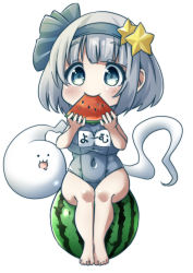 Rule 34 | . ., 1girl, :3, alternate costume, arms up, barefoot, blush, breasts, character name, chibi, commentary, eating, food, food in mouth, fruit, grey eyes, hair ornament, hair ribbon, highres, holding, holding food, holding fruit, impossible clothes, impossible swimsuit, konpaku youmu, konpaku youmu (ghost), large breasts, looking at viewer, melon, melon slice, old school swimsuit, one-piece swimsuit, open mouth, pegashi, ribbon, school swimsuit, short hair, silver hair, simple background, sitting on food, smile, solo, star (symbol), star hair ornament, swimsuit, thick eyebrows, touhou, translated, watermelon, white background