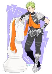Rule 34 | 1boy, achilles (fate), armor, asymmetrical hair, black gloves, black pants, black shirt, body armor, breastplate, chess piece, contrapposto, elbow rest, fate/apocrypha, fate (series), full body, gloves, greaves, green hair, knight (chess), looking at viewer, male focus, orange scarf, oversized object, pants, pauldrons, scarf, shirt, shitappa, short hair, short sleeves, shoulder armor, smile, solo, standing, vambraces, yellow eyes