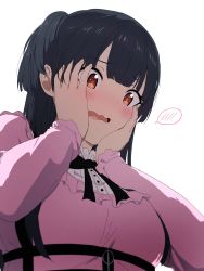 Rule 34 | 1girl, black hair, black ribbon, blunt bangs, blush, brown eyes, hands on own cheeks, hands on own face, highres, idolmaster, idolmaster shiny colors, long hair, long sleeves, mayuzumi fuyuko, misaki nonaka, neck ribbon, open mouth, pink shirt, ribbon, shirt, simple background, solo, two side up, upper body, wavy mouth, white background