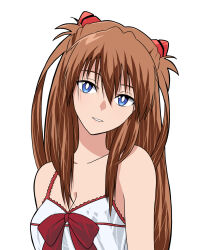 Rule 34 | 1girl, bare arms, bare shoulders, blue eyes, breasts, brown hair, camisole, chemise, cleavage, hair between eyes, highres, interface headset, lips, long hair, looking at viewer, medium breasts, neon genesis evangelion, no bra, sashimi (sasihmi), solo, souryuu asuka langley, twintails, two side up, very long hair, white chemise