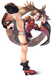 Rule 34 | 1girl, bare legs, bare shoulders, breasts, china dress, chinese clothes, dress, fighting stance, guilty gear, hair ornament, hair rings, hairclip, high kick, hinoru saikusa, kicking, kung fu, kuradoberi jam, large breasts, martial arts, open mouth, panties, simple background, solo, striped clothes, striped panties, thigh strap, thighs, underwear, white background, wide sleeves