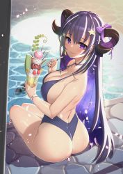 Rule 34 | 1girl, absurdres, ass, back, breasts, cafe sorcellerie, cantaloupe, cleavage, closed mouth, collarbone, commentary request, cup, food, fruit, hair between eyes, hair ornament, highres, holding, holding cup, holding spoon, horns, ice cream, ichihachiyon, large breasts, long hair, looking at viewer, mole, mole under eye, one-piece swimsuit, parfait, pool, poolside, purple eyes, purple hair, purple one-piece swimsuit, rizel (vtuber), sitting, smile, solo, spoon, star (symbol), star hair ornament, stone floor, strawberry, swimsuit, thighs, twisted torso, virtual youtuber