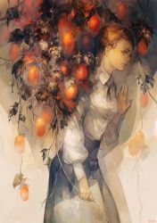 Rule 34 | 1girl, brown eyes, brown hair, faux traditional media, food, fruit, hand up, highres, key, leaf, looking to the side, muted color, neck ribbon, original, pomegranate, ribbon, skirt, solo, string, twitter username, wall, yoshioka (haco)