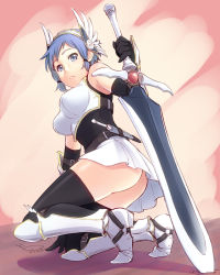 Rule 34 | 1girl, arm support, armor, artist name, ass, black gloves, black thighhighs, blue eyes, blue hair, breastplate, breasts, elbow gloves, frown, gauntlets, gloves, greaves, hairband, korisei, looking back, matching hair/eyes, no panties, o-ring, original, planted, planted sword, planted weapon, scabbard, sheath, short hair, signature, skirt, solo, squatting, sword, thighhighs, warrior, weapon