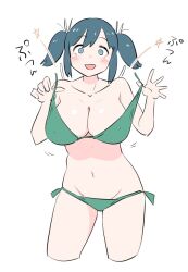 Rule 34 | 1girl, bikini, blue eyes, blue hair, breasts, cleavage, collarbone, commentary request, cropped legs, green bikini, kantai collection, large breasts, long hair, looking at viewer, lowleg, lowleg bikini, medium hair, side-tie bikini bottom, simple background, solo, souryuu (kancolle), standing, swimsuit, tamu (mad works), twintails, white background