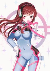 Rule 34 | 1girl, animal print, artist name, bodysuit, breasts, brown eyes, brown hair, blowing bubbles, chewing gum, contrapposto, covered navel, d.va (overwatch), facepaint, facial mark, finger painting, gloves, hand on own hip, headphones, high collar, hynoristarlest, impossible bodysuit, impossible clothes, long hair, looking at viewer, medium breasts, overwatch, overwatch 1, pilot suit, pointing, pointing at viewer, rabbit print, ribbed bodysuit, shoulder pads, signature, skin tight, solo, sparkle, standing, swept bangs, whisker markings, white background, white gloves