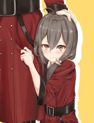 Rule 34 | 2girls, absurdres, ahoge, belt, blush, brown eyes, brown hair, child, closed mouth, clothes grab, commentary request, girls&#039; frontline, griffin &amp; kryuger military uniform, hair ornament, hair over shoulder, hair scrunchie, hand on another&#039;s head, helianthus (girls&#039; frontline), highres, ky (ky990533), long hair, looking at viewer, military, military uniform, mother and daughter, multiple girls, scrunchie, silhouette, sketch, tears, uniform, wavy mouth, yellow background