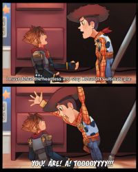 Rule 34 | 2boys, 2koma, alternate form, animal print, belt, blue eyes, brown eyes, brown hair, comic, cow print, cowboy hat, desk, electrical outlet, electrical outlet, english text, eye contact, fingerless gloves, gloves, hat, kingdom hearts, kingdom hearts iii, looking at another, multiple boys, open mouth, outstretched arms, pixar, scarf, sheriff badge, sheriff woody, shouting, sora (kingdom hearts), source quote parody, spiked hair, subtitled, toy, toy story, uzucake, vest