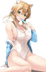 Rule 34 | 1girl, animal ear fluff, animal ears, arm support, blonde hair, breasts, cardigan, cat ears, cleavage, collarbone, competition swimsuit, food, green eyes, hair between eyes, hair ornament, highres, holding, holding food, inuzumi masaki, kantai collection, licking, long sleeves, medium breasts, off shoulder, one-piece swimsuit, open cardigan, open clothes, popsicle, prinz eugen (kancolle), short twintails, sideboob, sidelocks, simple background, sitting, sleeves past wrists, solo, swimsuit, thighs, tongue, twintails, wariza, wet, white background, white one-piece swimsuit