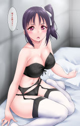Rule 34 | 10s, 1girl, bare arms, bare shoulders, bed, bed sheet, black bra, black panties, blush, bow, bra, breasts, chestnut mouth, cleavage, collarbone, front-tie bra, garter belt, garter straps, hair bow, highres, kazuno sarah, large breasts, lingerie, looking at viewer, love live!, love live! sunshine!!, navel, on bed, open mouth, panties, panties over garter belt, parted bangs, pillow, purple hair, red eyes, side ponytail, solo, speech bubble, strapless, strapless bra, thighhighs, translation request, underwear, underwear only, white bow, white thighhighs, yopparai oni