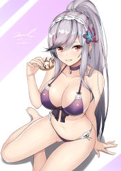 Rule 34 | 1girl, arm at side, arm support, azur lane, bare arms, bare shoulders, barefoot, bikini, blue choker, braid, breasts, butterfly hair ornament, choker, cleavage, dated, doughnut, dunkerque (azur lane), dunkerque (summer sucre) (azur lane), earrings, flower, food, front-tie bikini top, front-tie top, grin, hair flower, hair ornament, hairband, hand up, holding, holding food, jewelry, large breasts, lolita hairband, long hair, looking at viewer, navel, ponytail, purple bikini, red eyes, shadow, sidelocks, signature, silver hair, sitting, smile, solo, stomach, swimsuit, thighs, twitter username, unel, very long hair, yokozuwari