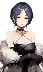 Rule 34 | 1girl, absurdres, arm under breasts, bare shoulders, black choker, black coat, black gloves, black hair, blush, bracelet, breasts, choker, cleavage, coat, collarbone, earrings, elbow gloves, fur trim, gloves, highres, idolmaster, jewelry, light smile, looking at viewer, nekouta (hnma3785), off shoulder, original, parted hair, parted lips, short hair, simple background, small breasts, solo, upper body, white background, yellow eyes
