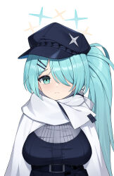 Rule 34 | 1girl, absurdres, aqua eyes, aqua hair, asymmetrical bangs, belt, black belt, black hat, black sweater, blue archive, breasts, cabbie hat, closed mouth, hair ornament, hair over one eye, hairclip, halo, hat, highres, hiyori (blue archive), large breasts, long hair, looking at viewer, sbbs, scarf, side ponytail, simple background, solo, sweater, underbust, upper body, white background, white scarf