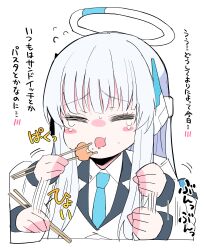 Rule 34 | 1girl, blue archive, blue necktie, blush stickers, chopsticks, closed eyes, commentary request, eating, halo, highres, himiya jouzu, holding, holding chopsticks, jacket, long hair, motion lines, necktie, noa (blue archive), open mouth, simple background, solo, tears, translation request, upper body, white background, white hair, white halo, white jacket