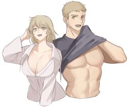 Rule 34 | 1boy, 1girl, :d, abs, brother and sister, closed mouth, clothes lift, cropped torso, dungeon meshi, falin touden, falin touden (tallman), grey hair, grey shirt, hand up, highres, howo owo, korean commentary, laios touden, lifting own clothes, light brown hair, long sleeves, looking at viewer, navel, open mouth, pectorals, shirt, shirt lift, short hair, siblings, simple background, sketch, smile, t-shirt, white background, white shirt, yellow eyes