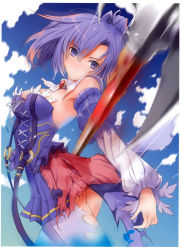 Rule 34 | 1girl, absurdres, ascot, ass, axe, battle axe, blue sky, breasts, brooch, cleavage, cloud, corset, day, detached sleeves, fuyuno haruaki, highres, jewelry, medium breasts, motion blur, original, pantyhose, polearm, ponytail, purple eyes, purple hair, scan, skirt, sky, solo, torn clothes, torn pantyhose, weapon, white pantyhose