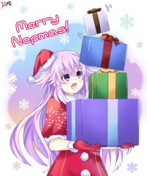 Rule 34 | adult neptune, christmas, coat, gift, gloves, hat, highres, lewdkuma, long hair, neptune (neptunia), neptune (series), open mouth, purple eyes, purple hair