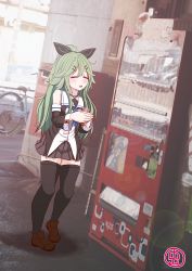 Rule 34 | 1girl, artist logo, bicycle, black ribbon, black serafuku, black skirt, black thighhighs, blush, brown footwear, can, closed eyes, commentary request, detached sleeves, dutch angle, full body, green hair, hair between eyes, hair ornament, hair ribbon, hairclip, kantai collection, loafers, long hair, mushi mushi ex, neckerchief, no nose, one-hour drawing challenge, parted bangs, photo background, pleated skirt, ponytail, ribbon, school uniform, serafuku, shoes, sidelocks, skirt, smile, solo, standing, thighhighs, vending machine, yamakaze (kancolle)