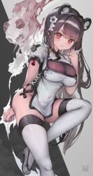 Rule 34 | 1girl, animal ears, black background, blush, breasts, brown hair, china dress, chinese clothes, cleavage, closed mouth, covered navel, dress, grey background, hair ornament, highres, large breasts, long hair, looking at viewer, original, panda ears, panda girl, red eyes, shoes, short sleeves, solo, thighhighs, thighs, two-tone background, voruvoru, white dress, white footwear, white thighhighs
