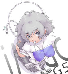 Rule 34 | 1girl, apple inc., breasts squeezed together, breasts, cable, grey eyes, imac, kei jiei, keyboard, keyboard (computer), kneeling, looking up, personification, silver hair, solo, thighhighs, usb