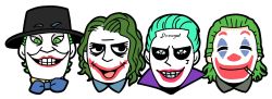 Rule 34 | 4boys, batman (1989), batman (series), bkub, bow, bowtie, cigarette, clown, collar, colored skin, commentary, dc comics, forehead tattoo, green hair, heath ledger, highres, jack nicholson, jared leto, joaquin phoenix, joker (2019), makeup, multiple boys, multiple persona, simple background, smile, suicide squad, teeth, the dark knight, the joker, white background, white skin