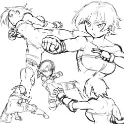 Rule 34 | 1girl, bad id, bad pixiv id, bare shoulders, breasts, cleavage, collage, fighting stance, final fantasy, final fantasy tactics, gloves, greyscale, kicking, large breasts, monk (fft), monochrome, muscular, punching, short hair, solo, tsukudani (coke-buta), unitard