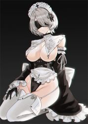 Rule 34 | 1girl, 2b (nier:automata), absurdres, alternate costume, apron, arm garter, arrow cross, black background, black blindfold, black gloves, blindfold, breast curtains, breasts, commentary, covered eyes, cross, detached sleeves, english commentary, enmaided, frilled apron, frills, full body, garter straps, gloves, highleg, highres, large breasts, leotard, maid, maid headdress, mell (dmwe3537), mole, mole under mouth, nier:automata, nier (series), seiza, short hair, silver hair, sitting, solo, thighhighs, waist apron, white apron, wide sleeves