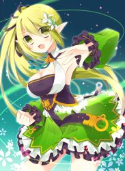 Rule 34 | 1girl, :d, armpits, blonde hair, breasts, cleavage, clenched hand, detached sleeves, elsword, frills, green eyes, hair ornament, hair ribbon, highres, hoshi (snacherubi), large breasts, long hair, looking at viewer, open mouth, rena erindel, ribbon, side ponytail, smile, solo, wind sneaker (elsword)