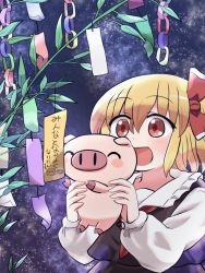 Rule 34 | 1girl, :d, ^ ^, animal, black vest, blonde hair, bow, closed eyes, hair bow, highres, holding, holding animal, long sleeves, open mouth, outdoors, pig, plant, red bow, red eyes, rokugou daisuke, rumia, short hair, signature, sky, smile, star (sky), starry sky, tanabata, touhou, touhou cannonball, upper body, vest
