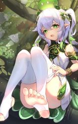Rule 34 | 1girl, absurdres, adjusting clothes, adjusting legwear, afall, ass, blurry, commentary request, depth of field, detached sleeves, dress, feet, flower, foreshortening, forest, genshin impact, gradient hair, green eyes, hair between eyes, hair flower, hair ornament, highres, long hair, looking at viewer, multicolored hair, nahida (genshin impact), nature, no shoes, pointy ears, short sleeves, side ponytail, sidelocks, sitting, slime (genshin impact), soles, stirrup legwear, sunlight, symbol-shaped pupils, toeless legwear, toes, tree, white dress, white hair