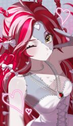 Rule 34 | absurdres, ahoge, alternate costume, bow, braid, cho 913, closed mouth, cropped torso, dress, gem, hair bow, heart, highres, hololive, jewelry, kureiji ollie, long hair, multicolored hair, necklace, one eye closed, parted bangs, pearl necklace, pink hair, red gemstone, red hair, sleeveless, sleeveless dress, streaked hair, symbol-shaped pupils, tagme, v, virtual youtuber, wedding dress, white nails, wink, x-shaped pupils, yellow eyes, zombie