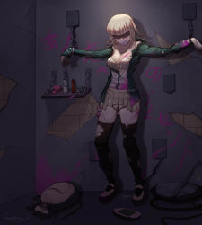 Rule 34 | 1girl, backpack, bag, bare shoulders, black legwear, blindfold, blonde hair, blood, bra, breasts, brown skirt, candle, chain, cleavage, collarbone, commentary request, cuts, danganronpa (series), danganronpa 2: goodbye despair, dress shirt, egg vibrator, gag, green jacket, handheld game console, hands up, highres, improvised gag, indoors, injury, jacket, kaer sasi dianxia, knife, light brown hair, medium breasts, medium hair, nanami chiaki, object insertion, open clothes, open jacket, pink blood, pleated skirt, pussy, remote control vibrator, restrained, school uniform, sex toy, shirt, signature, skirt, solo, standing, sweat, tape, tape gag, torn clothes, torn jacket, torn legwear, underwear, unworn backpack, unworn bag, vaginal, vaginal object insertion, vibrator, white bra