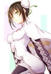 Rule 34 | 1girl, arm guards, bad id, bad pixiv id, black hair, bodysuit, breasts, bun cover, cape, chinese clothes, cloud print, covered erect nipples, double bun, fate/grand order, fate (series), fingerless gloves, gloves, green eyes, hair bun, honotai, medium breasts, parted lips, qin liangyu (fate), sidelocks, simple background, skin tight, smile, solo, standing, white cape