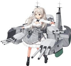 Rule 34 | 1girl, black footwear, blush, boots, breasts, brown eyes, cleavage, closed mouth, conte di cavour (kancolle), dress, full body, grey hair, high heel boots, high heels, jiji (aardvark), kantai collection, large breasts, long hair, long sleeves, machinery, official art, rigging, smile, solo, transparent background, turret, white dress