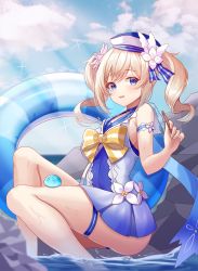 Rule 34 | 1girl, barbara (genshin impact), barbara (summertime sparkle) (genshin impact), blue eyes, blue one-piece swimsuit, blue sky, breasts, choker, cloud, cloudy sky, drill hair, genshin impact, hair between eyes, hair ornament, hat, highres, holding, in water, innertube, jayamon, light brown hair, long hair, looking at viewer, one-piece swimsuit, popsicle stick, rock, sailor collar, sideboob, sidelocks, sitting, sky, slime (genshin impact), smile, swim ring, swimsuit, twin drills, twintails