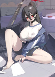 Rule 34 | 1girl, absurdres, bare legs, barefoot, black hair, black shorts, blue archive, blue jacket, bolt action, breasts, full body, hair between eyes, hasumi (blue archive), hasumi (track) (blue archive), highres, jacket, knee up, large breasts, long hair, long sleeves, looking at viewer, low wings, m1917 enfield, official alternate costume, open clothes, open jacket, parted lips, ponytail, prossss, red eyes, rifle, shirt, short shorts, shorts, sitting, solo, white shirt, wings